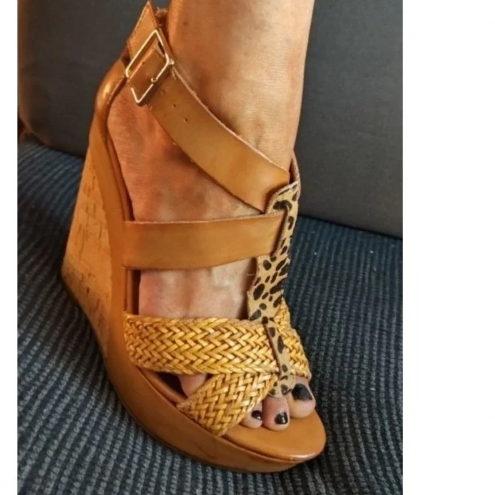 Carlos by Carlos Santana Carley Tan Leopard Cork 5in Wedge Sandals 7M